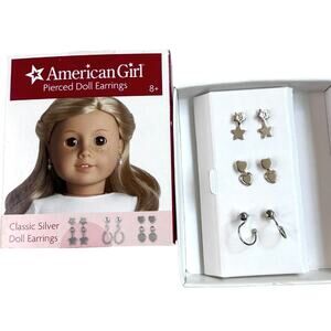 NEW American Doll 12 PC SILVER EARRINGS Hoops Stars Hearts Mix Match Jewelry Box